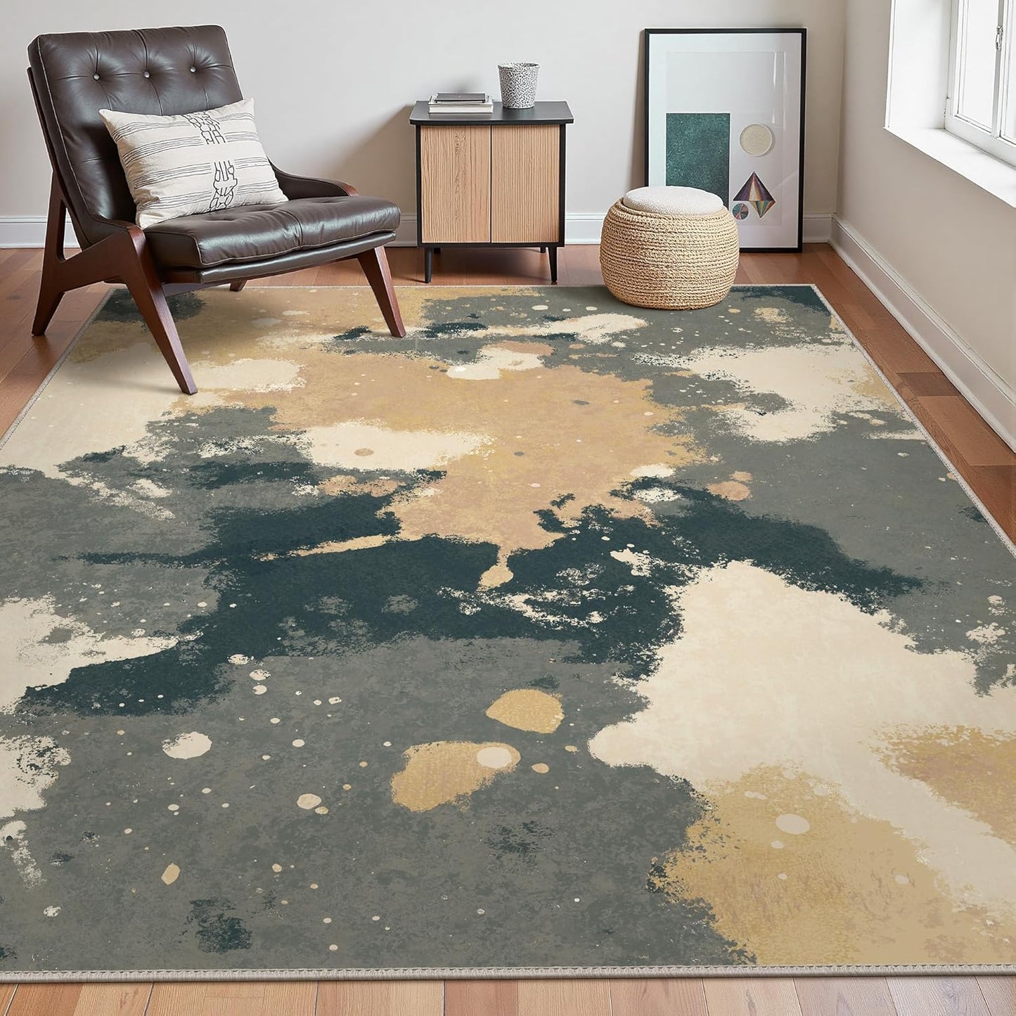 Area Rugs 8x10 for Living Room Bedroom, Modern Splash Abstract Machine Washable Rug, Large Soft Low Pile Floor Cover with Non Slip Backing for Dining Room, Cream/Gray/Brown
