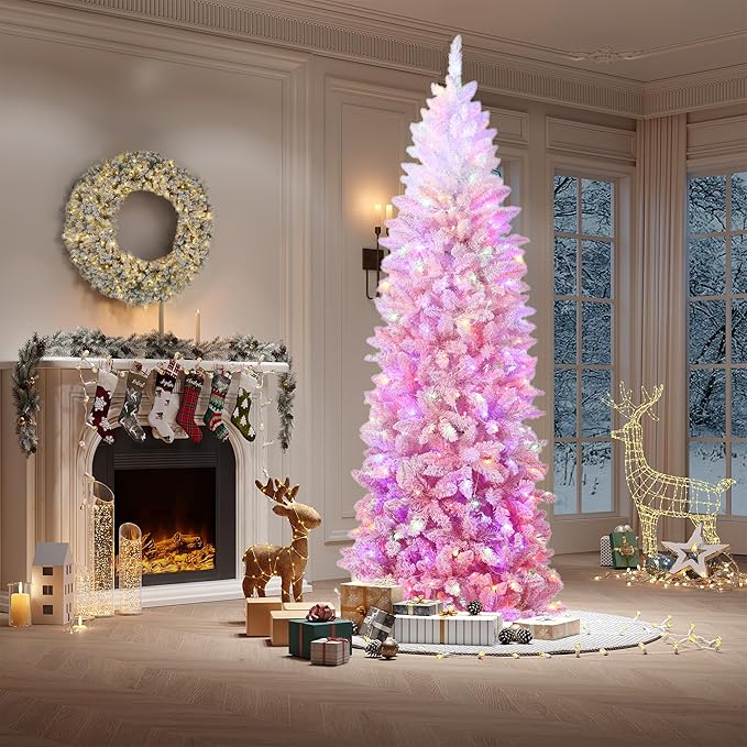 GarveeHome 6ft Snow Flocked Pencil Christmas Tree, Slim Artificial Christmas Tree with Sturdy Metal Stand, Skinny Xmas Tree Holiday Decoration for Home, Office, Pink Gradient