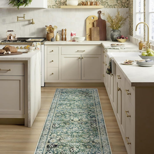 Green Washable Bathroom Hallway Runner Rug with Rubber Backing Non Slip Vintage Boho Floral Long Runners Rugs for Entryway Indoor Laundry Room Bath Floor Kitchen,2x6,24x72 Inch,Dark Emerald