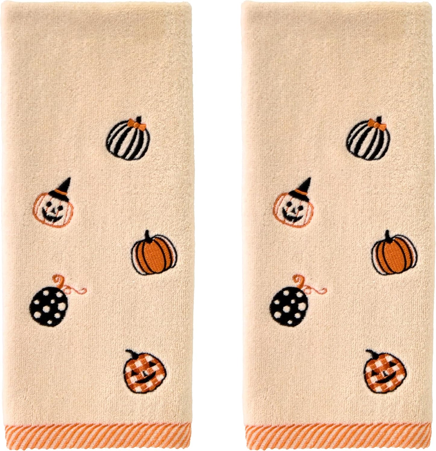 SKL Home Halloween Tossed Pumpkins 100% Cotton Embroidered 2pc Hand Towel Set, Decorative for Bath/Kitchen/Bar & Gift, Taupe
