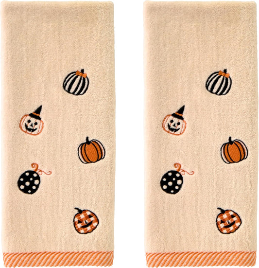 SKL Home Halloween Tossed Pumpkins 100% Cotton Embroidered 2pc Hand Towel Set, Decorative for Bath/Kitchen/Bar & Gift, Taupe