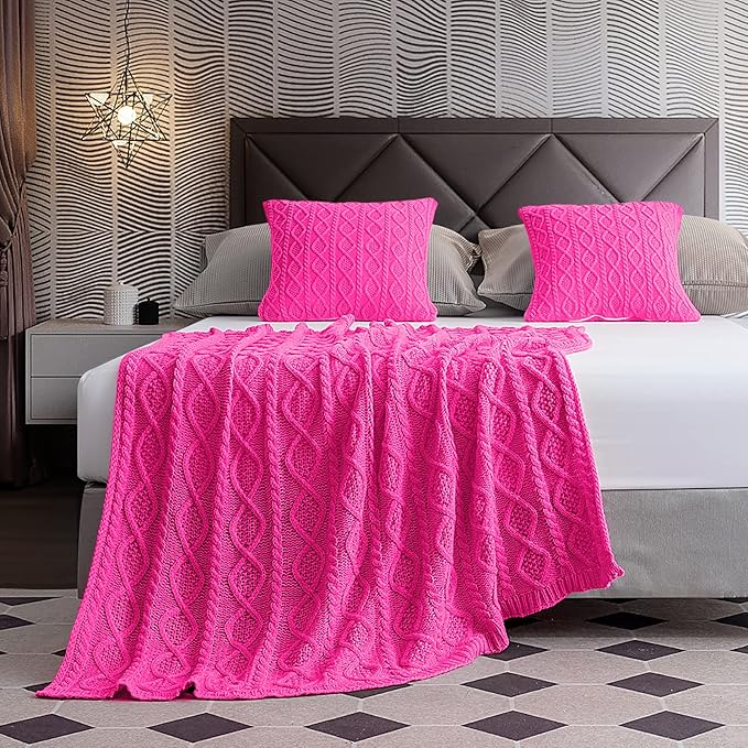 Homiest Hot Pink Cable Knit Throw Blanket 90 x 90 Inch, Queen Lightweight Acrylic Knitted With Diamond Texture, Soft & Cozy Decorative for Couch Bed Sofa