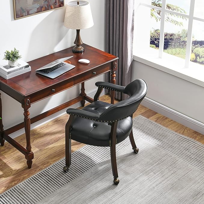 MODERION Large Dinning Chairs with Solid Wood Legs, Boss Caption's Chairs, Office Desk Chairs with Wheels, Classic Swivel Accent Chairs with Upholstered, 31.5”H for Living Kitchen Black SY318BK