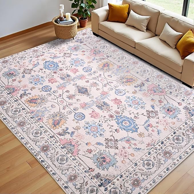 Vasofe 6x9 Rug for Bedroom, Washable Living Room Rugs for Dining Room, Cream Indoor Floor Mat, Vintage Floral Mats for Home Decor, Farmhouse, Laundry Room, Non Slip Low Pile Soft Modern Carpet