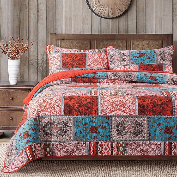 NEWLAKE Cotton Bedspread Quilt Sets-Reversible Patchwork Coverlet Set, Mediterranean Classic Bohemian Pattern,King Size