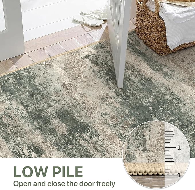 Runner Rug for Hallway Kitchen, 2x12 Machine Washable Runners Rug for Entryway, Soft Modern Abstract Throw Rugs, Low Pile Floor Cover with Non Slip Backing, Muted Green/Beige