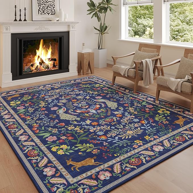 Living Room Rug 5x7 Rug Machine Washable Area Rug Floral Non-Slip Low Pile Large Rugs for Living Room, Bedroom, Farmhouse, Dining Room, Kids Playroom(Blue)