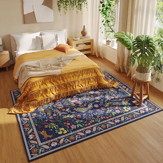 Living Room Rug 6x9 Rug Machine Washable Area Rug Floral Non-Slip Low Pile Large Rug for Living Room, Bedroom, Farmhouse, Dining Room, Kids Playroom(Blue)