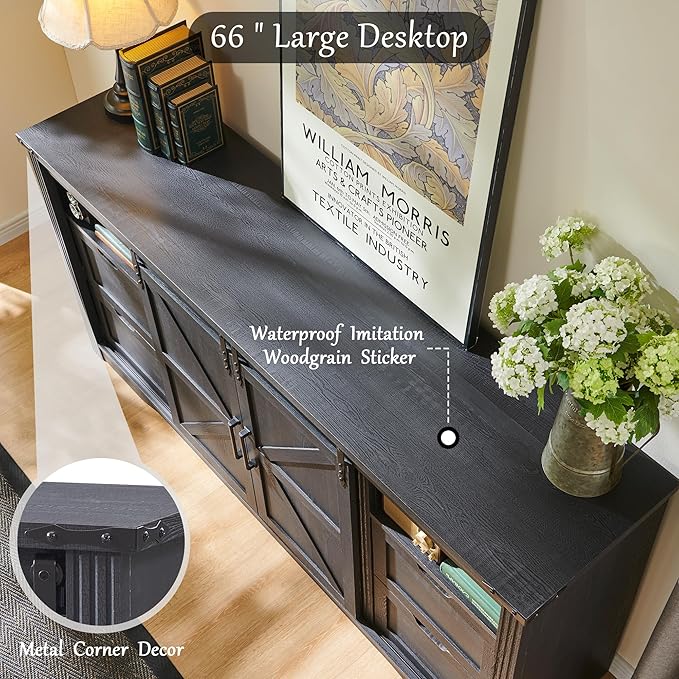 JXQTLINGMU Farmhouse TV Stand for 75+ Inch TV, 32" Tall Entertainment Center w/4 Drawers & Sliding Barn Door, Rustic Media Console w/Storage Shelves, 66" Wood Television Stand for Living Room, Black