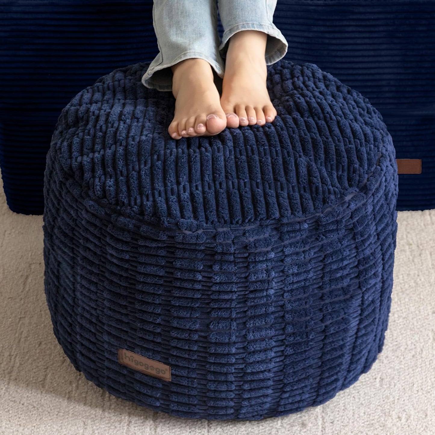 HIGOGOGO Pouf Ottoman Stuffed Round Modern Foam Filled Foot Rest Poufs for Living Room Chair Decorative 26 X 18 Inches Boho Relax Stool for Wedding Christmas Party, Navy Blue