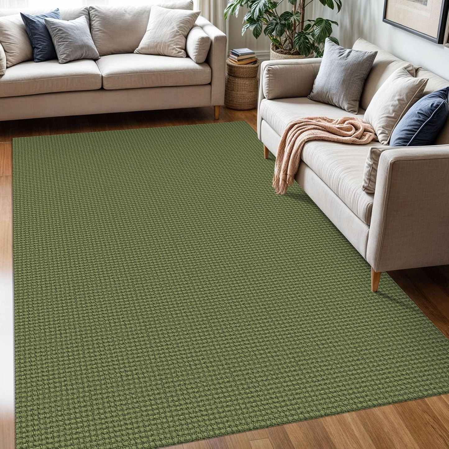 KOZYFLY Washable Area Rug 5x7 ft Rubber Backed Non Slip Rugs for Living Room Braided Cotton Bedroom Rug Woven Office Rugs Indoor Floor Carpets for Dining Bedroom Living Room, Olive Green/Earthy Green