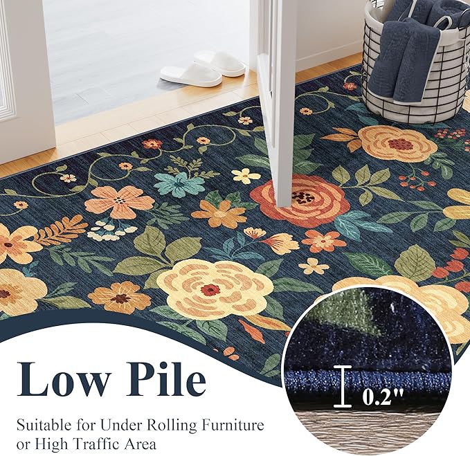 DUKINO Runner Rug, 2.6x8 Kitchen Rug for Hallway with Non Slip Backing, Washable Low Pile Soft Boho Floral Runner Carpet for Hallway, Kitchen, Entryway, Laundry, Bedroom, Dark Blue