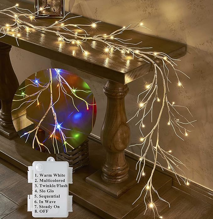 LITBLOOM Lighted Birch Garland Battery Operated with 8 Functions 48 Multi-Color and Warm White Lights, Pre-lit Twig Vine Lights 6FT for Home Bedroom Wall Mantle Decoration