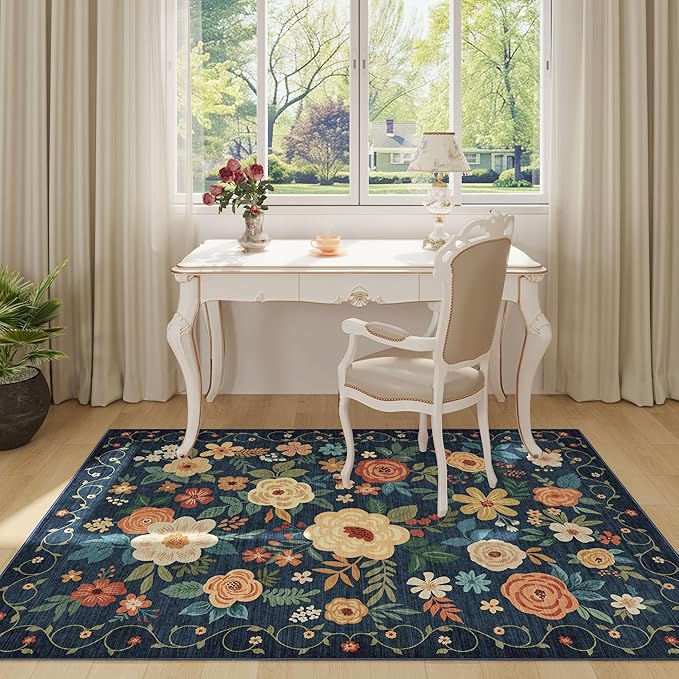 DUKINO 3x5 Area Rug, Floral Rugs for Living Room, Lightweight Non Slip Washable Rug, Indoor Low Pile & Non-Shedding Boho Design Rugs for Bedroom, Living Room, Dining Room, Dark Blue