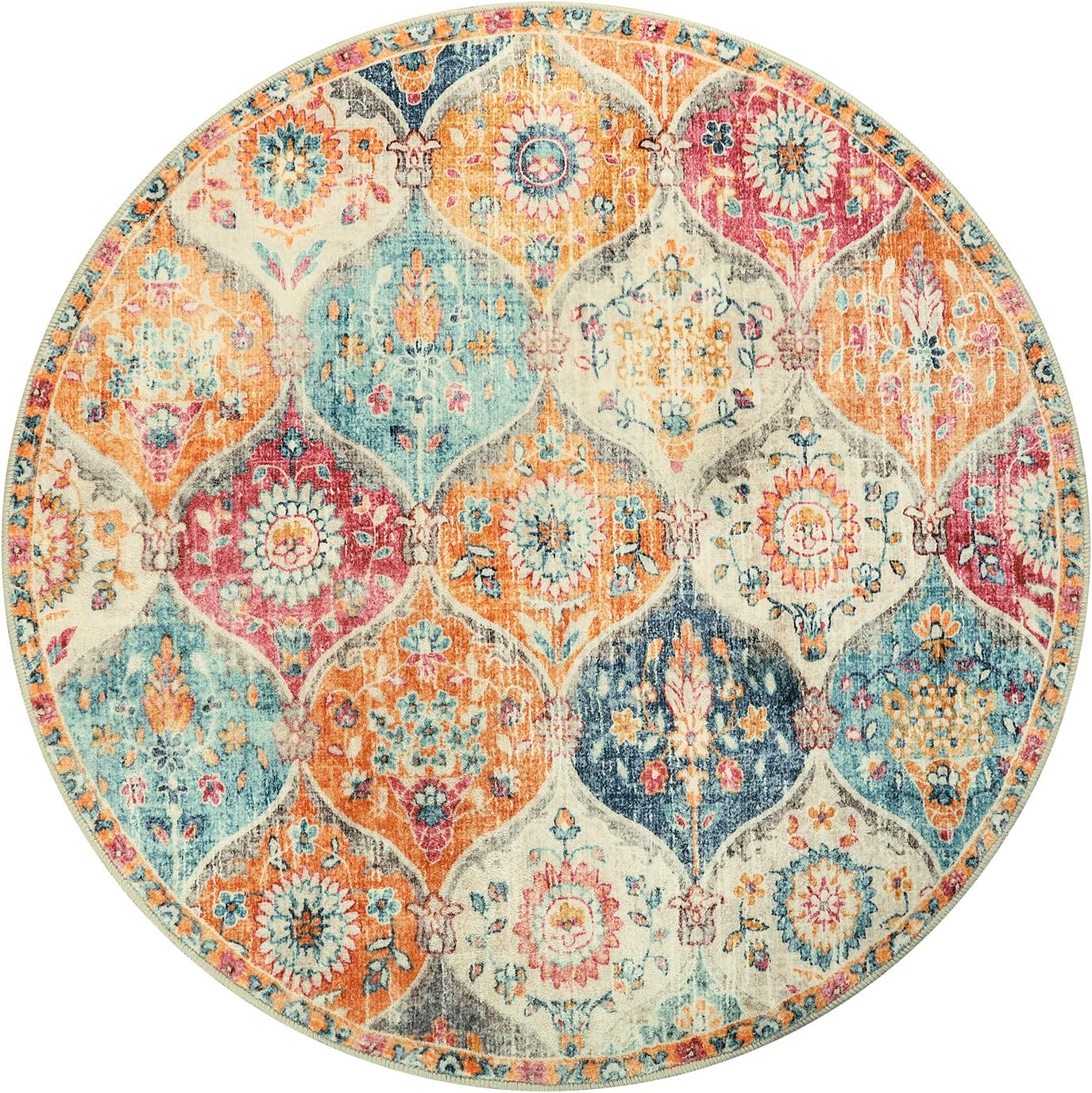 Lahome Moroccan Trellis Washable Round Rugs, Non-Slip Soft Round Rug 4ft Ultra-Thin, Small Vintage Circle Carpet for Entryway Kitchen Bedroom Nursery Bathroom, Cream/Multi