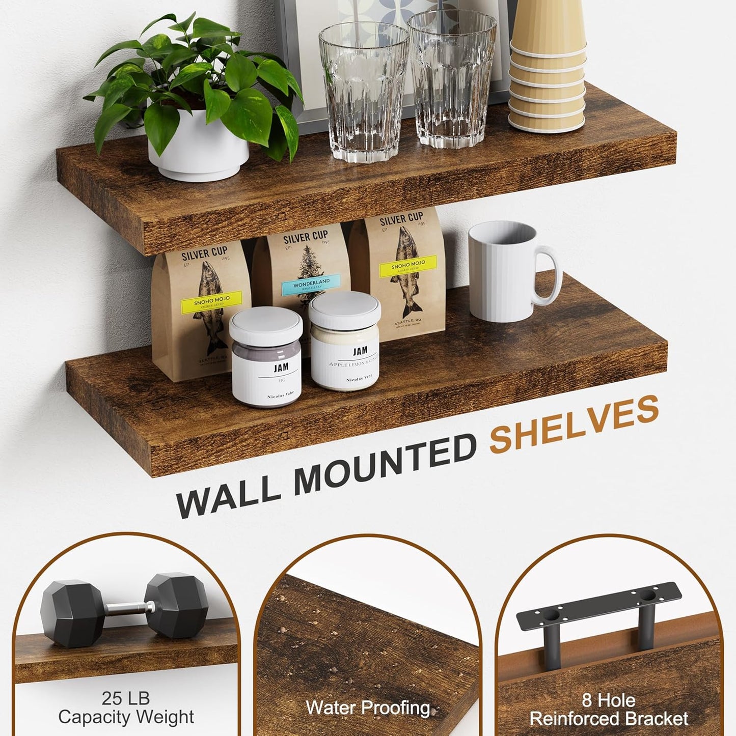 Bellsal Rustic Brown Wood Wall Shelf Set of 4, 16" Floating Shelves for Kitchen