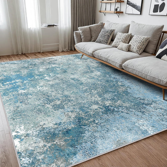 Area Rugs 8x10 for Living Room Bedroom, Modern Abstract Machine Washable Rug, Large Soft Low Pile Floor Carpet with Non Slip Backing for Dining Room, Ice Blue Beige