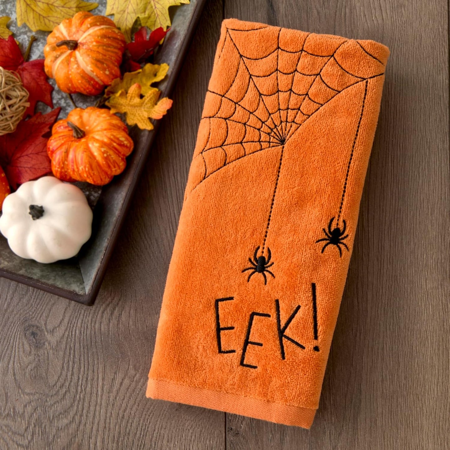 SKL Home Halloween Eek 100% Cotton Embroidered 2pc Hand Towel Set, Decorative for Bath/Kitchen/Bar & Gift, Orange