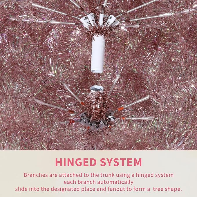 GarveeHome Rose Gold Tinsel Christmas Tree, 6ft Artificial Pencil Christmas Tree with Sturdy Metal Stand, Slim Skinny Xmas Holiday Decoration for Indoor, Home, Office, Party