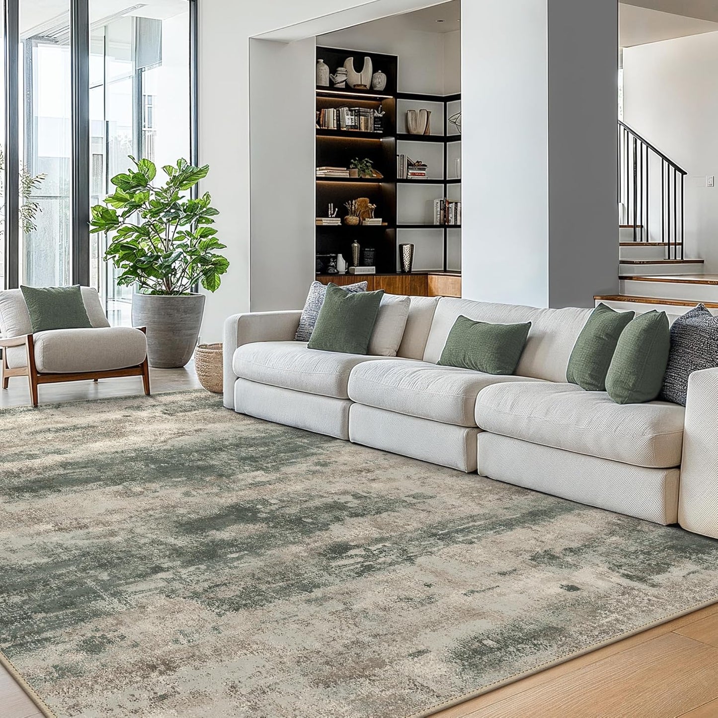 Area Rugs 10x12 for Living Room Bedroom, Modern Abstract Machine Washable Rug, Large Soft Low Pile Floor Cover with Non Slip Backing for Dining Room, Muted Green/Beige