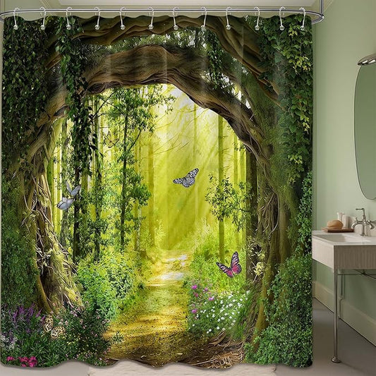 Tree Shower Curtain Green, Nature Garden Shower Curtain Outdoors Scene Shower Curtains for Bathroom, Enchanted Forest Scenic Bathroom Decor Sets, Waterproof Fabric with Hooks (60''W x 72''L)