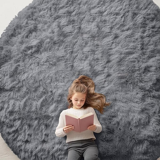 OLANLY Grey Round Rugs for Bedroom - Machine Washable, 9 ft Circle Area Rugs for Living Room, Soft and Fluffy Shaggy Carpet for Teen Girls and Boys, Nursery Rooms, Dorms, Home Decor Aesthetic