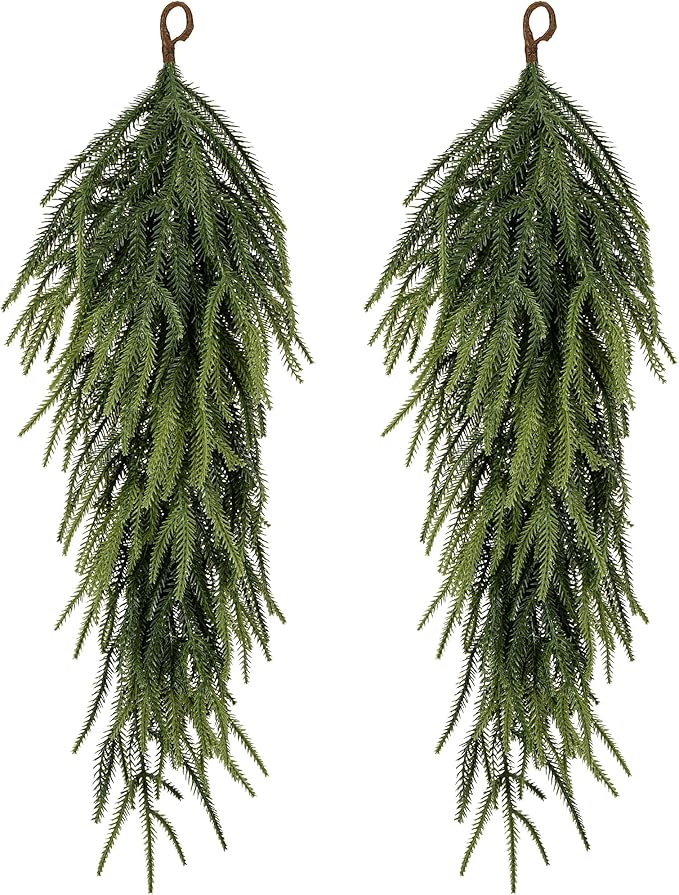 2 Pcs 30" Extra Length Artificial Christmas Teardrop Swag, Faux Pine Needles Teardrop Door Swag, Christmas Norfolk Greenery Teardrop Wreath for Xmas Door Table Mantle Fireplace Indoor Outdoor Decor