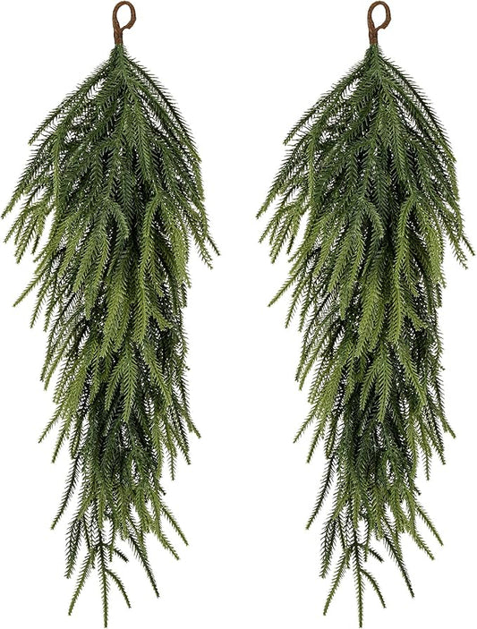 2 Pcs 30" Extra Length Artificial Christmas Teardrop Swag, Faux Pine Needles Teardrop Door Swag, Christmas Norfolk Greenery Teardrop Wreath for Xmas Door Table Mantle Fireplace Indoor Outdoor Decor