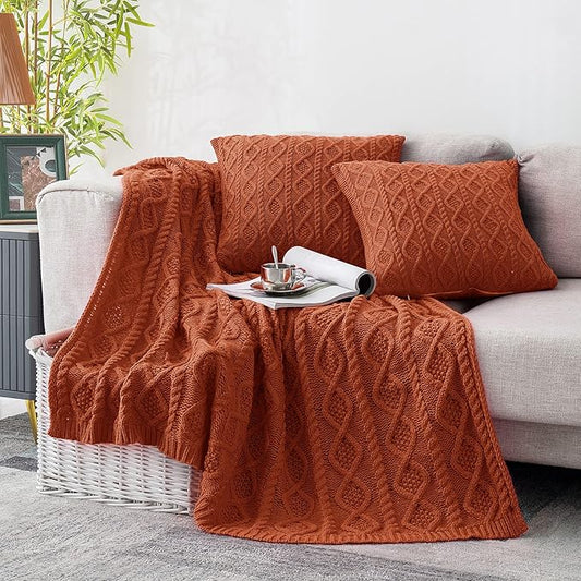 Homiest Acrylic Cable Knit Throw Blanket and Pillow Set, Sage Green, 50 x 60 Inch Blanket & 18 x 18 Inch Pillow, 3-Piece Modern Geometric Blanket Set for Couch, Bed, Travel