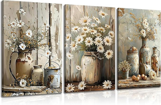 Rustic Farmhouse Daisy Flower Canvas wall art Vintage Country Floral Poster Print Artwork Modern Still Life Nature Botanical Wall Decor for Bedroom, Living Room Bathroom Scene Furniture Decoration