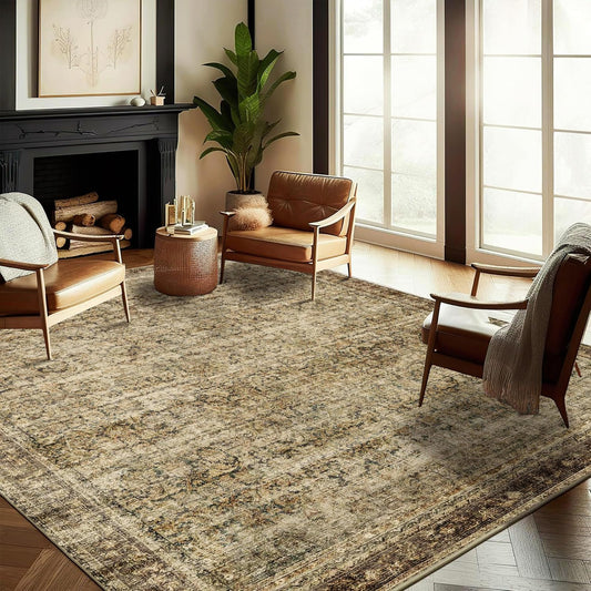 Area Rug 9x12 Washable Brown Vintage Traditional Mat Distressed Indoor Foldable Thin Retro Accent Floral Non Slip Carpet for Living Room Dining Room Office