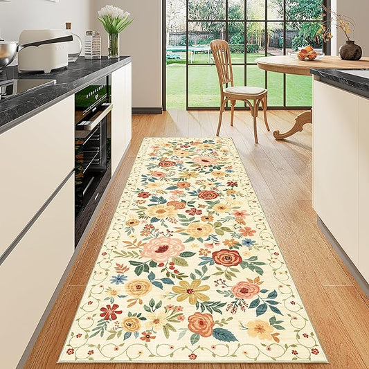 DUKINO Runner Rug, 2.6x8 Kitchen Rug for Hallway with Non Slip Backing, Washable Low Pile Soft Boho Floral Runner Carpet for Hallway, Kitchen, Entryway, Laundry, Bedroom, Beige Yellow