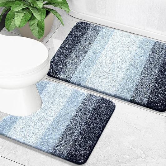 OLANLY Bathroom Rug Set 2 Piece, Soft Absorbent Microfiber Bath Mats and U-Shaped Contour Toilet Rug, Non-Slip, Machine Wash Dry, Plush Shaggy Bath Mats for Bathroom (24"x16"+24"x20", Dark Blue)