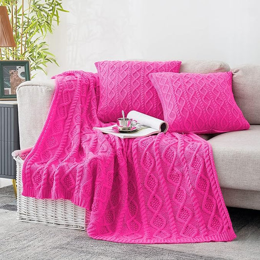 Homiest Hot Pink Cable Knit Throw Blanket Set of 3, 50"x60" Blanket & 2x18"x18" Pillow Covers, Soft & Cozy Acrylic Blanket for Couch, Bed, Sofa