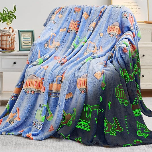 Inhand Truck Car Construction Toys Glow in the Dark Blanket Truck Gifts for Boys Kids Throw Blanket Car Excavator Crane Toys for Kids Boys Birthday Halloweenchristmas Cute Soft Room Decor Blue 50"X60"