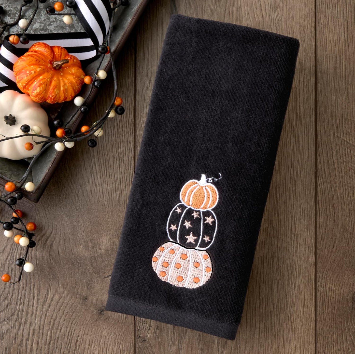 SKL Home Halloween Stacked Pumpkins 100% Cotton Embroidered 2pc Hand Towel Set, Decorative for Bath/Kitchen/Bar & Gift, Black