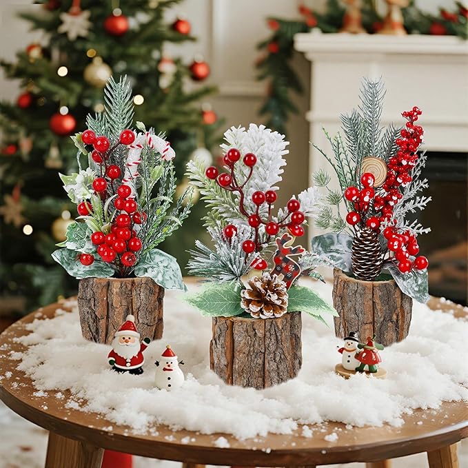 winemana 3 Pack Mini Christmas Trees Table Decorations, 11.5 Inch Small Artificial Xmas Tree Centerpieces with Red Berries & Pine Cones for Home, Office, Tabletop, Indoor Holiday Party Decor