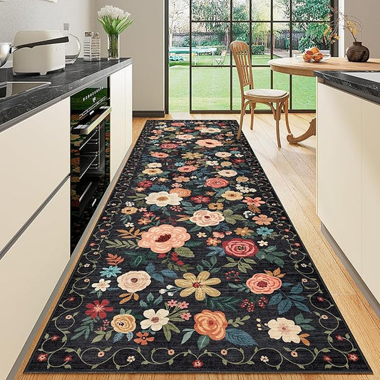 DUKINO 3x10 Runner Rug for Hallway, Washable Kitchen Floral Runner Rug with Non Slip Backing, Low Pile Soft Boho Carpet for Kitchen, Hallway, Entryway, Laundry, Bedroom, Black