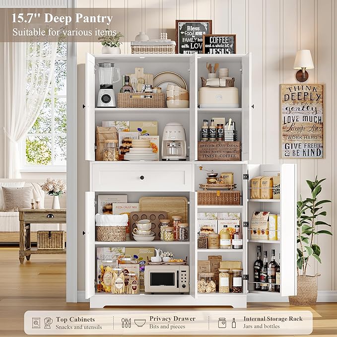 HOSTACK 68" Tall Kitchen Pantry Storage Cabinet, Modern Kitchen Hutch Cabinet with Doors and Shelves, Freestanding Food Pantry with Large Storage Drawer for Dining Room, Living Room, White