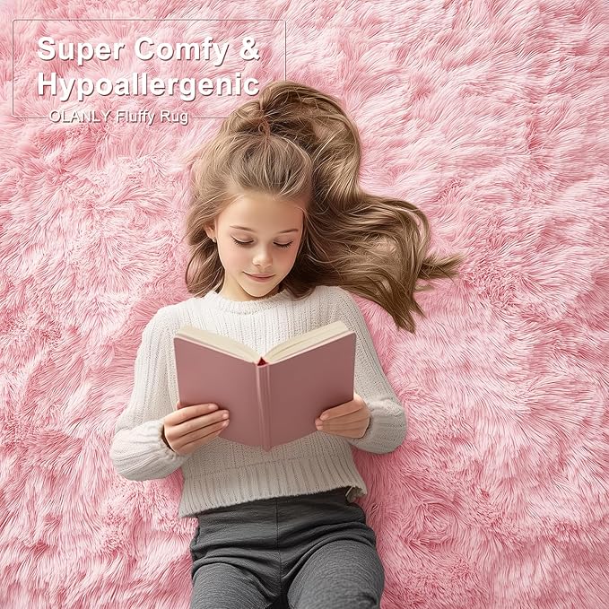 OLANLY Area Rugs for Living Room Bedroom, Machine Washable 4x5.9 ft Soft Fluffy Shaggy Bedside Rug, Indoor Floor Carpet for Kids Girls and Boys, Dorms, Nursery Rooms, Home Decor Aesthetic, Pink