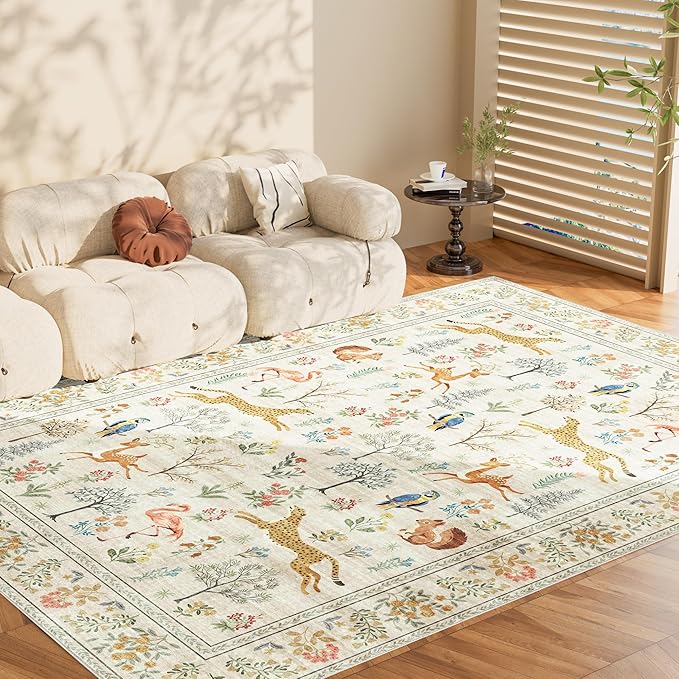 DUKINO 5x7 Rug, Washable Animal Living Room Rug with Non Slip Vintage Design, Soft Low Pile Large Carpet for Bedroom, Nursery, Dining Room, Farmhouse, Playroom, White