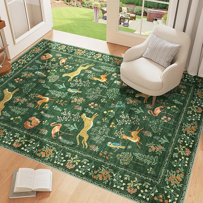DUKINO 4x6 Rug, Washable Animal Area Rug with Non Slip Vintage Design, Indoor Soft Low Pile Carpet for Bedroom, Nursery, Dining Room, Farmhouse, Playroom, Green
