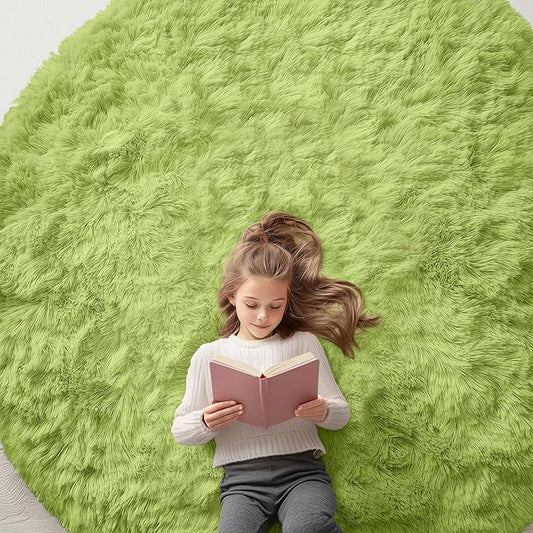 OLANLY Grass Green Round Rugs for Bedroom - Machine Washable, 7 ft Circle Area Rugs for Living Room, Soft and Fluffy Shaggy Carpet for Teen Girls and Boys, Nursery Rooms, Dorms, Home Decor Aesthetic