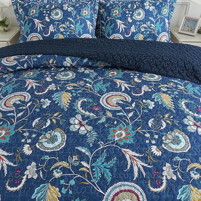 NEWLAKE Quilt Set King Size, Bedspread Sets Blue Botanical Floral Patterns, Reversible Quilt Bedding Set Lightweight and Breathable for All Seasons, Soft Quilted Bedspread with 2 Pillow Shams