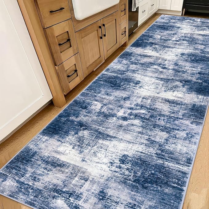 IOHOUZE Abstract Runner Rug 3x14 Ft Washable Runners for Hallways, Non Slip Kitchen Runner Printed Faux Wool Entryway Runner Indoor, Modern Abstract Floor Carpet for Hall Stair, Navy/Grey