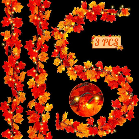 3 PCS Fall Decorations for Home, 27FT Fall Decor, 150 Connectable Orange Bulbs Plug in Fall Garland with Lights, Realistic Maple Leaves Garland with Light for Thanksgiving Halloween Decorations