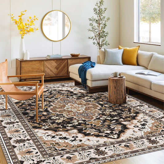 Washable Area Rug 5x8 | Non Slip Area Rug for Living Room, Bedrooms, Dining Room | Ultra-Soft Flannel Carpet Area with Rubber Backing (Cream Black Brown, 5x8)