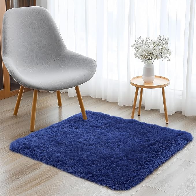 OLANLY 2x3 Machine Washable Small Bedside Rug, Soft Fluffy Shaggy Entryway Throw Rugs for Bedroom, Living Room, Indoor Floor Carpet for Kids Girls Boys, Nursery Rooms, Home Decor Aesthetic, Navy Blue