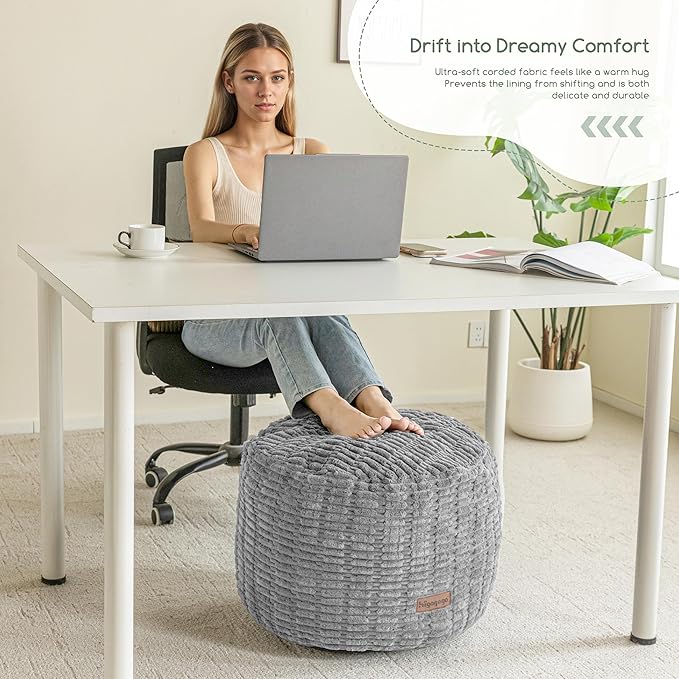 HIGOGOGO Pouf Ottoman Stuffed Round Modern Foam Filled Foot Rest Poufs for Living Room Chair Decorative 26 X 18 Inches Boho Relax Stool for Wedding Christmas Party, Light Grey