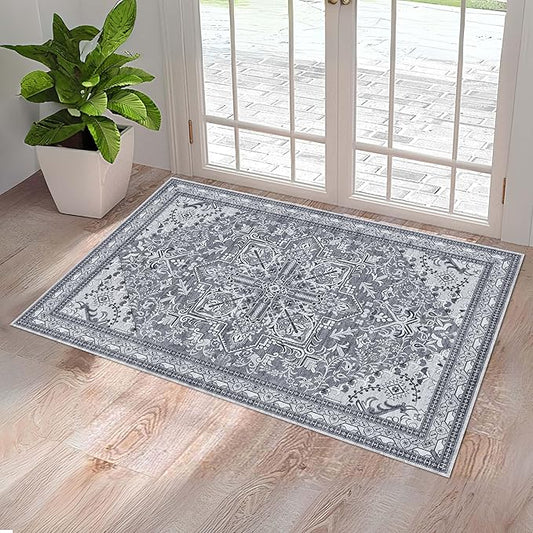 Washable Entryway Rug 3x5 | Non Slip Rug Runners for Hallways, Entryways, Kitchens, Bathrooms, Bedrooms | Ultra-Soft Flannel Carpet Kitchen Rug with Rubber Backing (Frosted Graphite, 3x5)